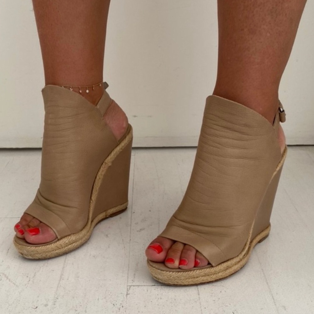 Balenciaga Beige Peep Toe Wedge Espadrilles